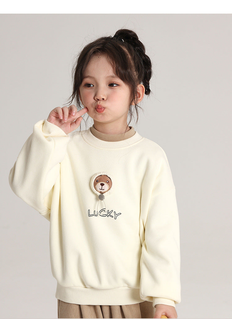 Pudding Haru Bear Plush Doll Children's Sweatshirt 2024 Autumn Winter New Fleece Thickened Girls' Cartoon Sweatshirt