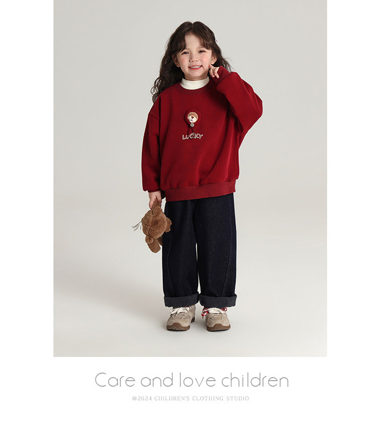 Pudding Haru Bear Plush Doll Children's Sweatshirt 2024 Autumn Winter New Fleece Thickened Girls' Cartoon Sweatshirt