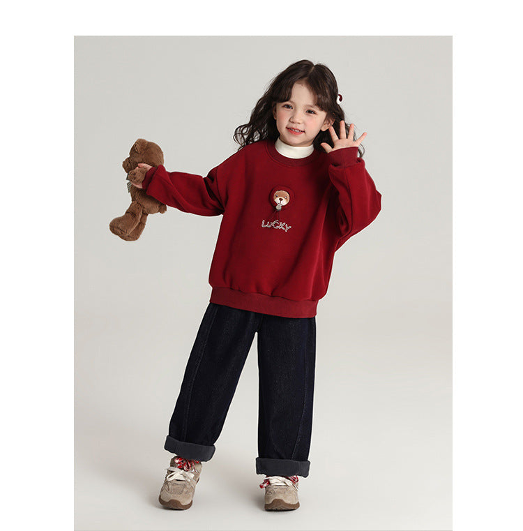 Pudding Haru Bear Plush Doll Children's Sweatshirt 2024 Autumn Winter New Fleece Thickened Girls' Cartoon Sweatshirt