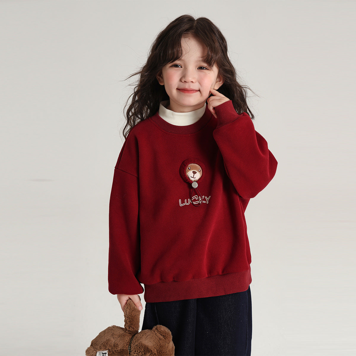 Pudding Haru Bear Plush Doll Children's Sweatshirt 2024 Autumn Winter New Fleece Thickened Girls' Cartoon Sweatshirt