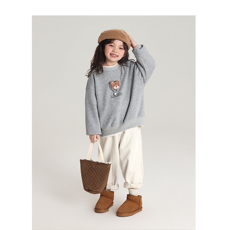 Pudding Haru Bear Plush Doll Children's Sweatshirt 2024 Autumn Winter New Fleece Thickened Girls' Cartoon Sweatshirt