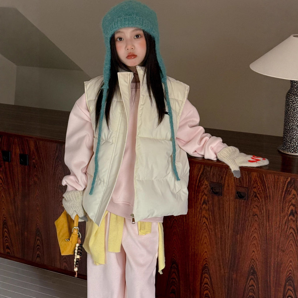 Children's Set 2025 Winter New Girls Versatile Cotton Vest Fleece Thickened Sweatshirt Sweatpants Three-Piece Set