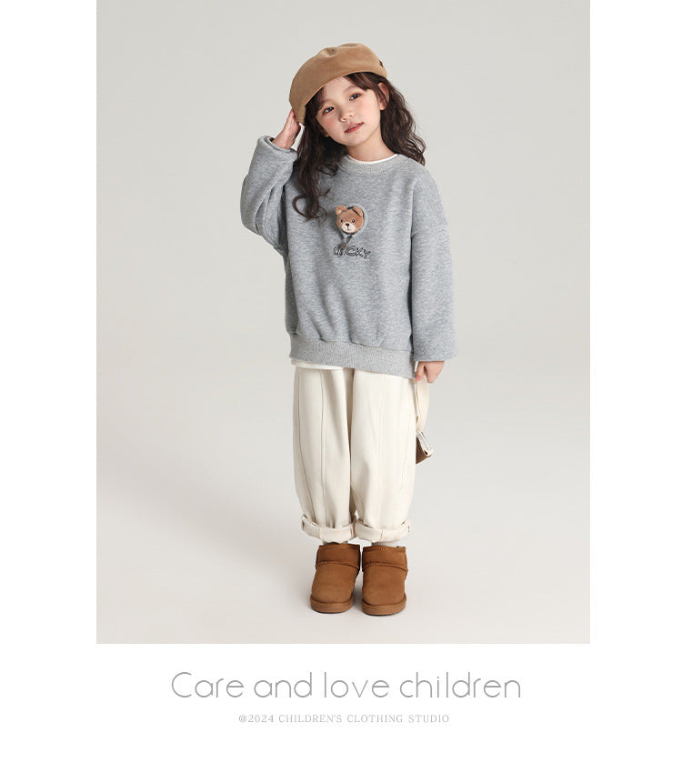 Pudding Haru Bear Plush Doll Children's Sweatshirt 2024 Autumn Winter New Fleece Thickened Girls' Cartoon Sweatshirt