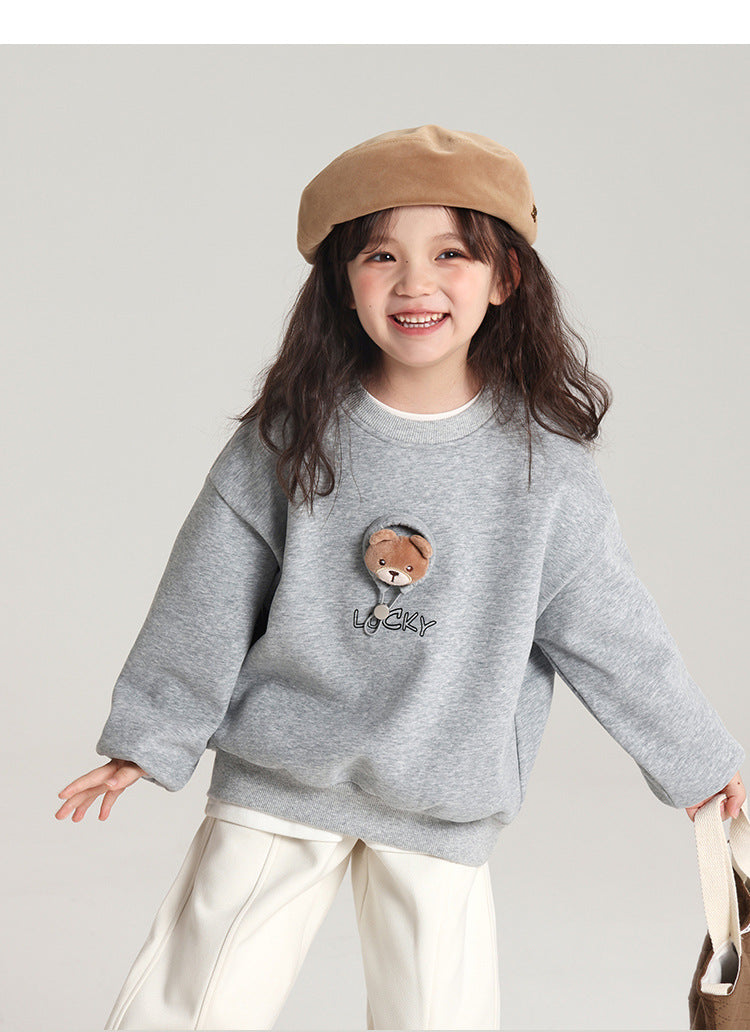 Pudding Haru Bear Plush Doll Children's Sweatshirt 2024 Autumn Winter New Fleece Thickened Girls' Cartoon Sweatshirt